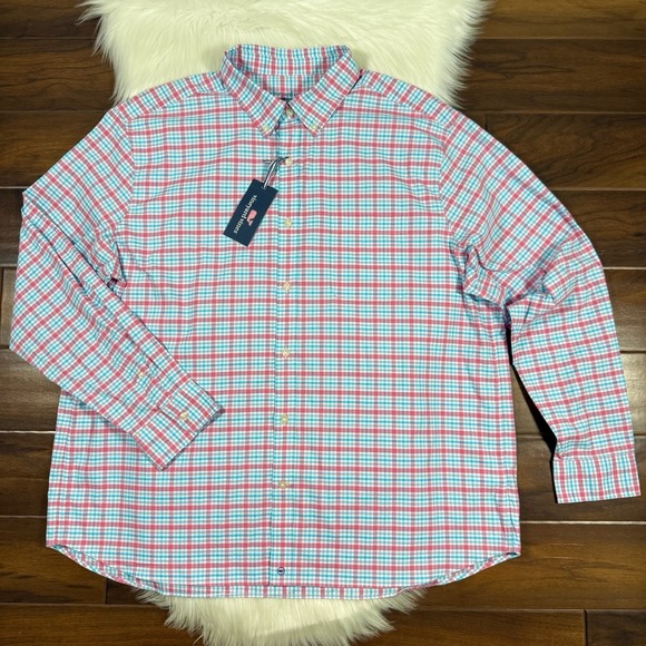 Vineyard Vines Men's Size XXL Pink Plaid Brrr Bellamy Performance Cotton Shirt‎